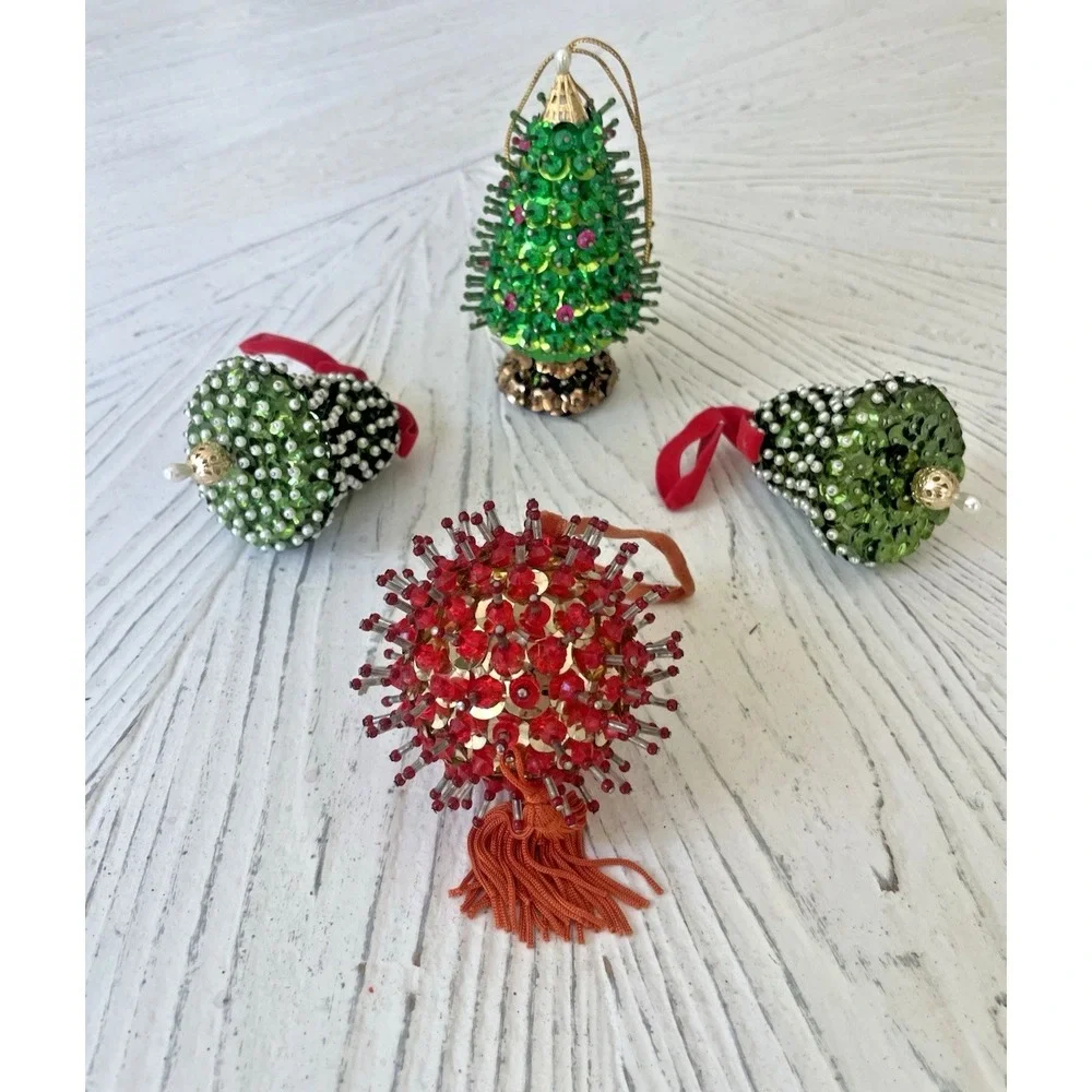 Vtg Holiday Handmade Beaded Sequined Christmas Ornaments Set  4 Tree Bells Ball
